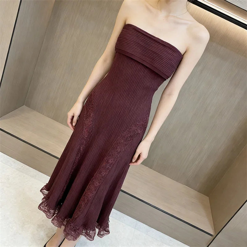 Chic Off-Shoulder Lace Dress And Knit Midi Set