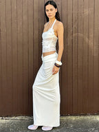 Halter Backless Sheer Mesh Maxi Dress With Floral Embellishment