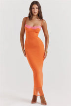 Lace Spaghetti Strap Bodycon Maxi Dress With Patchwork Backless