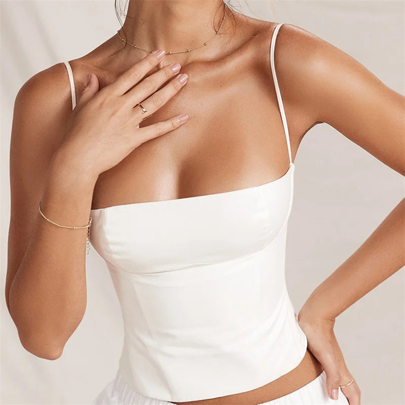 Chic Backless Corset Top With Zip Up Bustier Crop Spaghetti Strap