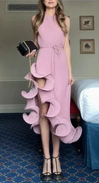 Sexy Knot Waist Lace Trim Midi Dress Sleeveless High Collar