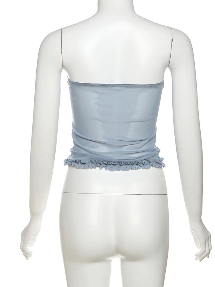 See Through Patchwork Strapless Top With Fishbone Detail Backless Fashion