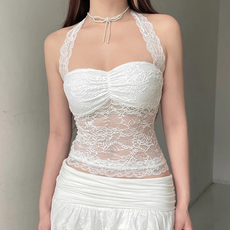 Elegant Lace Flora Halter Crop Top With Sheer Panel Lightweight Sleeveless Tank