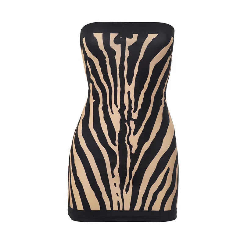 Backless Zebra Striped Strapless A Line Bodycon Mini Dress