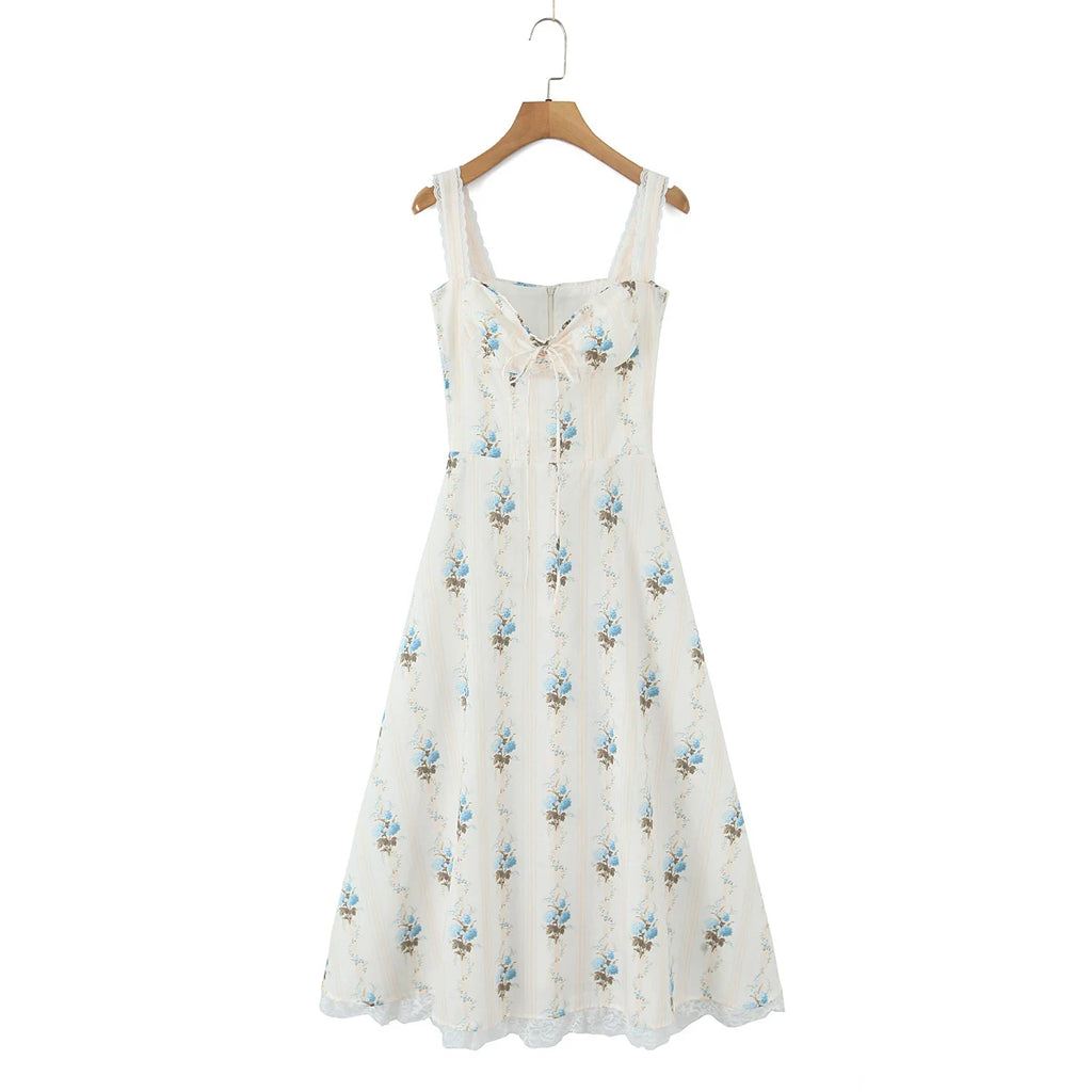 Romantic Apricot Floral Print Bow Ruched Midi Dress With Lace Lining For Women And Elegant Silhouette