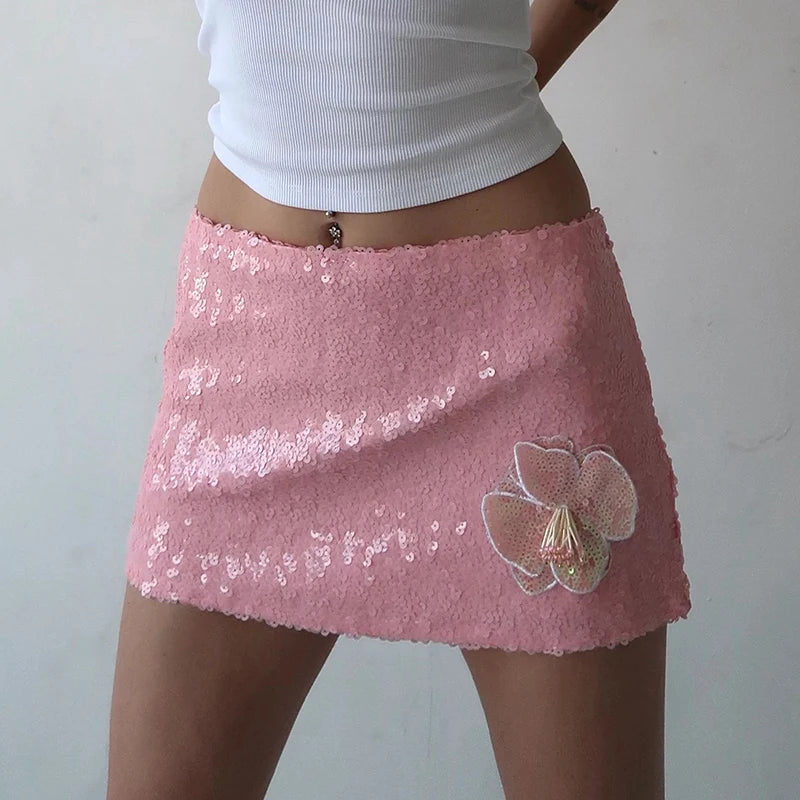 Shimmer Sequin Mini Skirt With 3D Flower Trim