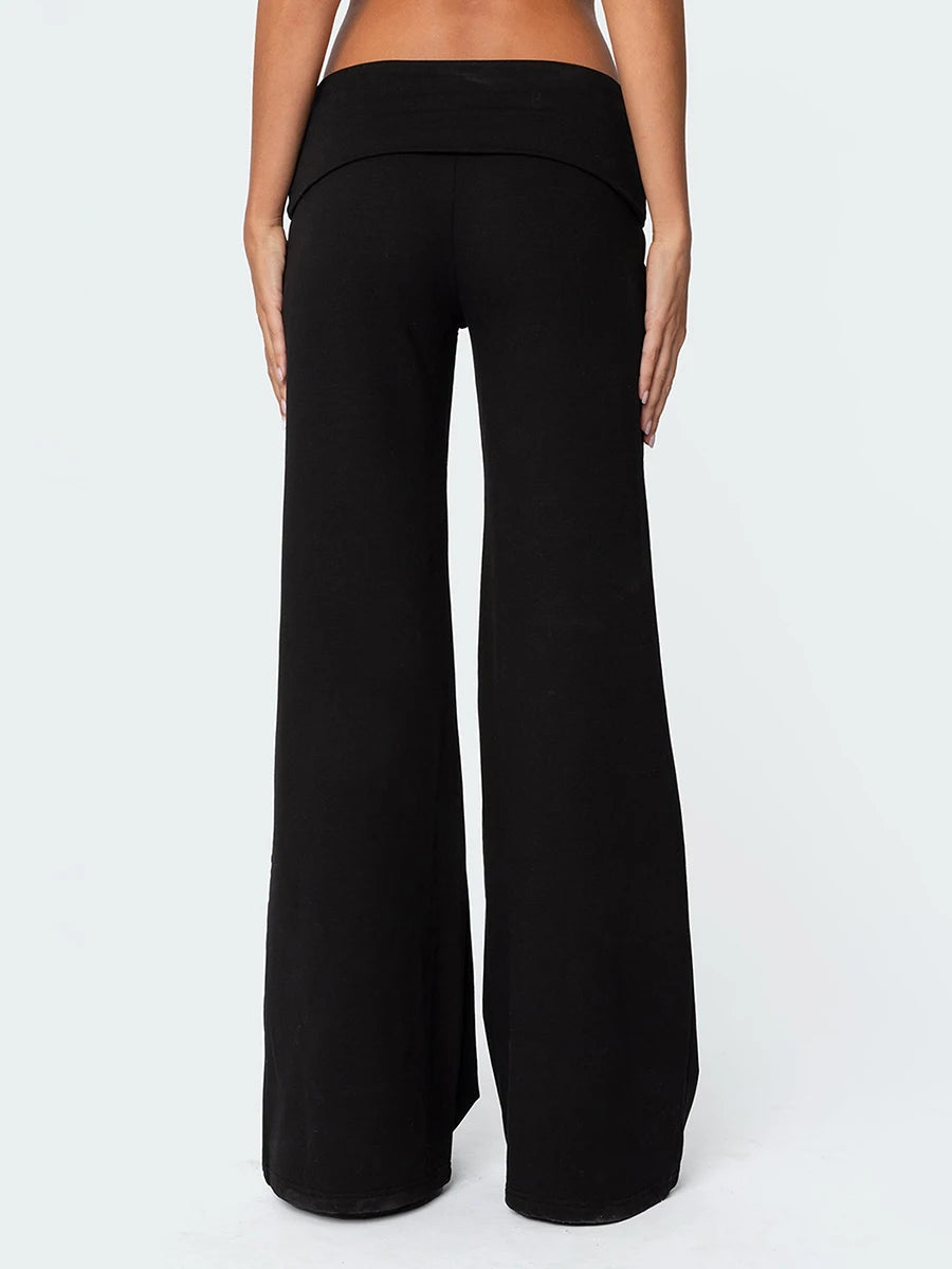 Casual Wide Leg Sweatpants Fold Over Waist Low Rise Flare Yoga Lounge