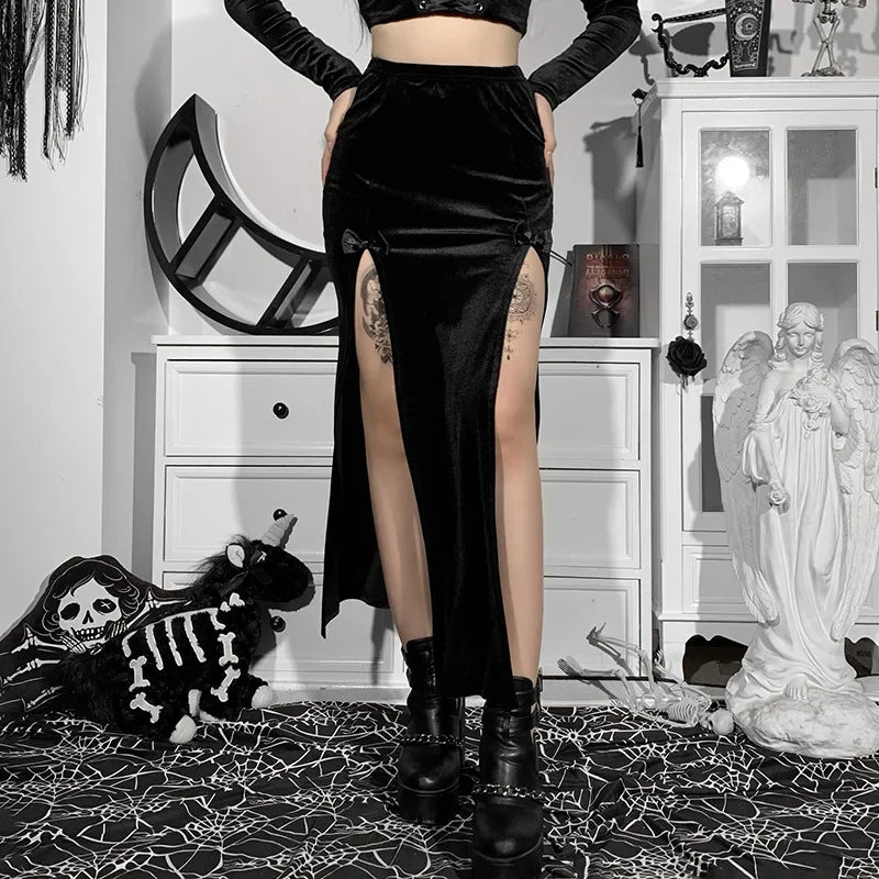 Punk High Waist Skirt With Bow Side Split Knee Length