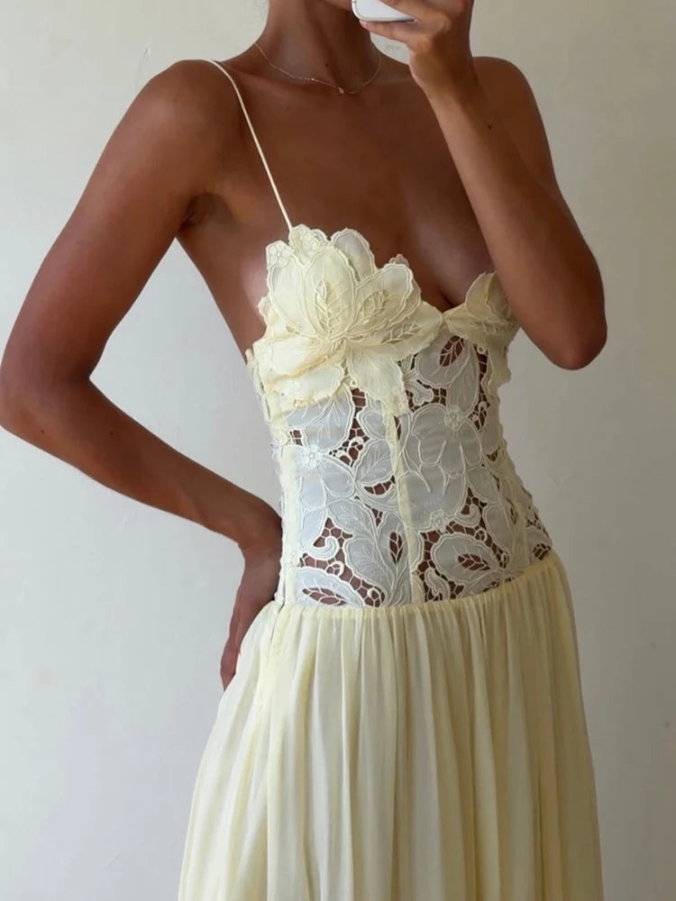Hollow Out Lace Patchwork Sleeveless Dress With V Neck