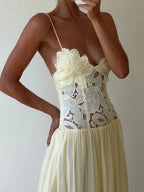 Hollow Out Lace Patchwork Sleeveless Dress With V Neck