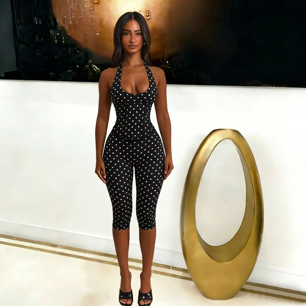 Cute Dots Design Halter Jumpsuit With Zipper Backless Sleeveless