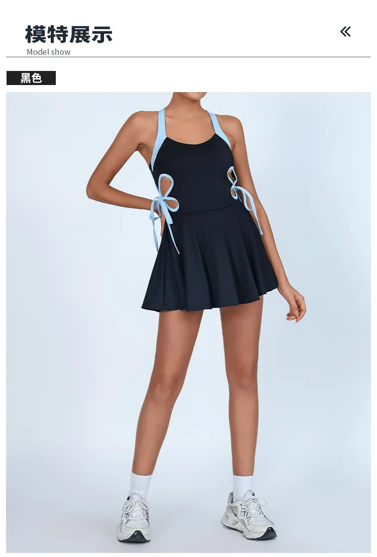 Tennis Dress Women with Separate Shorts White Contrast Hollowed Out Drawstring Side Sports Yoga Dress Training Running Fitness