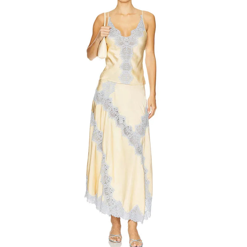 Lace Patchwork Two-piece Set With V-Neck Sling Top And Long Skirt