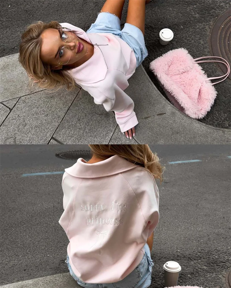 Fashion Women Pink Sweatshirt Vintage  Pullover Loose Half Zip Letter Embroidery Outwear