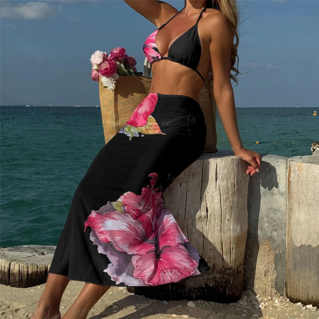 Flowers Printed With Skirt Halter Bikini Three-pieces Bikini set