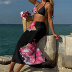 Flowers Printed With Skirt Halter Bikini Three-pieces Bikini set
