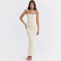 Elegant Formal Beige Slim Maxi Spaghetti Strap Wed Bride Dress