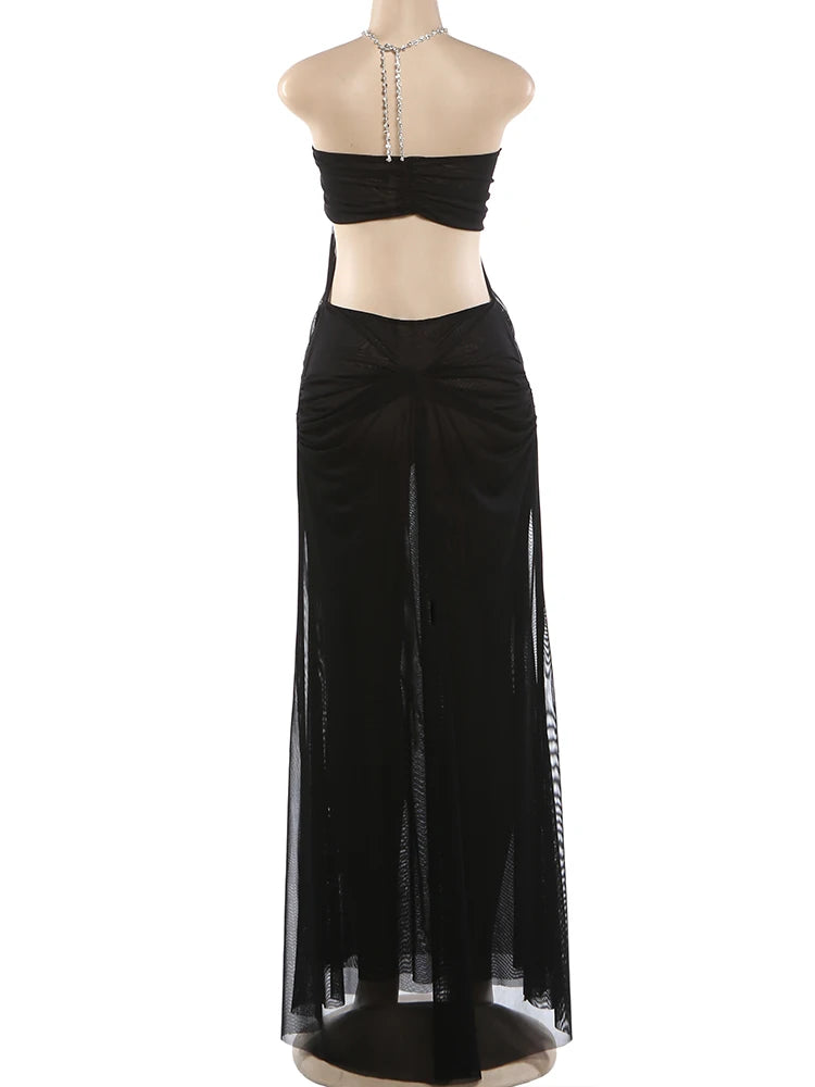 Backless Mesh Beach Dress With Halter Chain Deep V Ruched