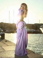 Peach Backless Maxi Dress With Waistless Silhouette And Ruched Elegance