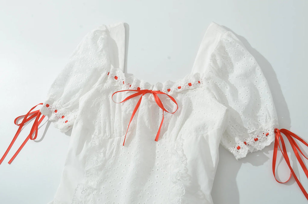 Vintage Bowknot White Dress With Square Collar Cotton Hollow Out