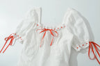 Vintage Bowknot White Dress With Square Collar Cotton Hollow Out
