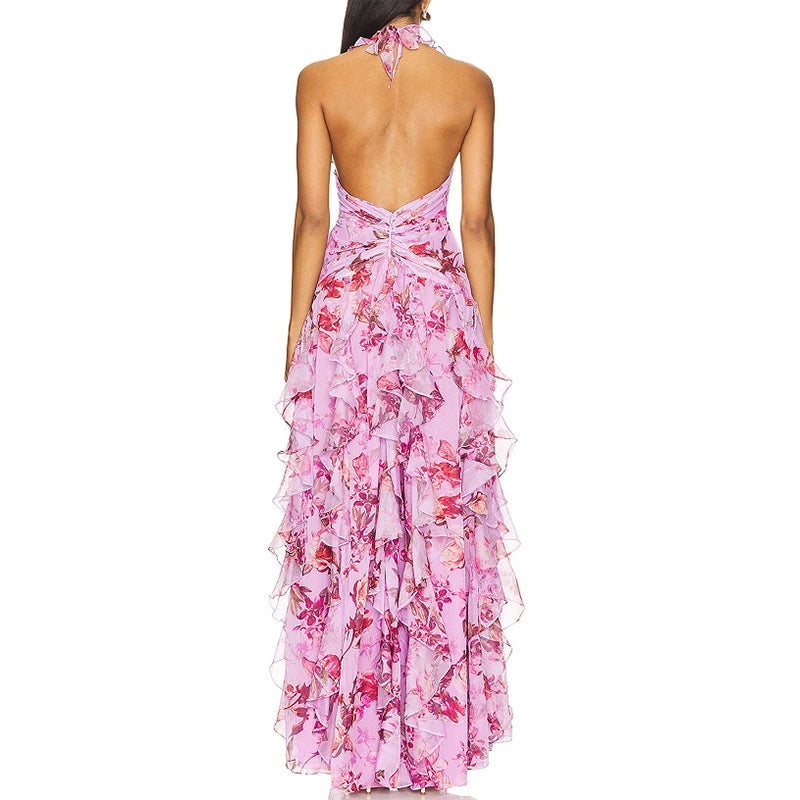 Elegant Patterned Dress With Lace Up Halter Neck Slim Long Silhouette And Ruffle Detail