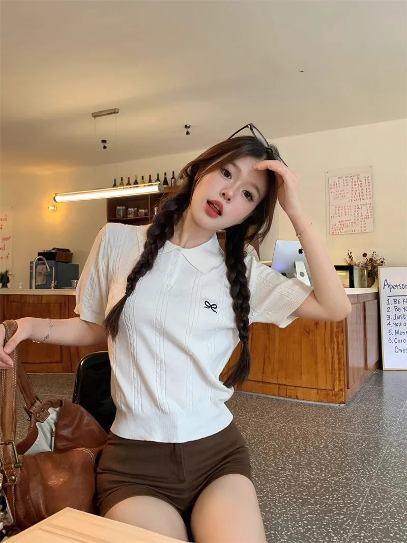 Sweet Bow Embroidered Knitted Polo Shirt For Women Short Sleeve