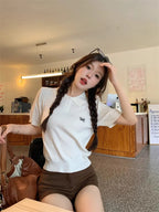 Sweet Bow Embroidered Knitted Polo Shirt For Women Short Sleeve