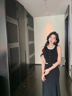 Floral Pearl Knit Maxi Dress Sleeveless O-Neck With Pleated Details