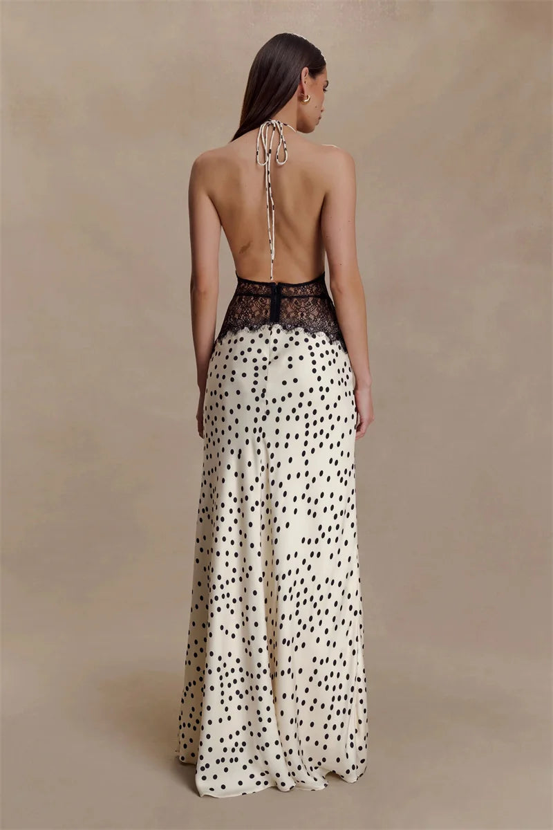 Polka Dot Backless Maxi Dress With Lace Patchwork Halter Neck Deep V Bodycon Evening Gown