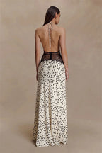 Polka Dot Backless Maxi Dress With Lace Patchwork Halter Neck Deep V Bodycon Evening Gown