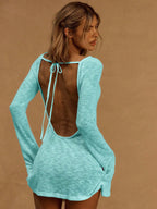 A Line Knit Mini Dress With Slash Neck And Bell Sleeves