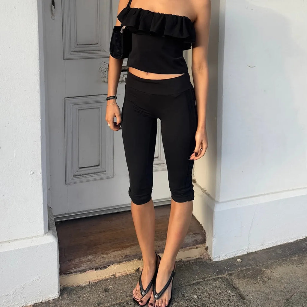 Fold Over Waistband Capri Leggings For Women Solid Color Skinny Pants