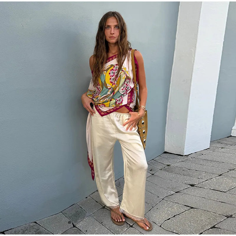 Boho Floral One Shoulder Camisole Tank Top With Asymmetrical Hem