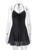 Black Lace See-Through Mini Lace-Up Contrast High Waist Backless Slim Dress