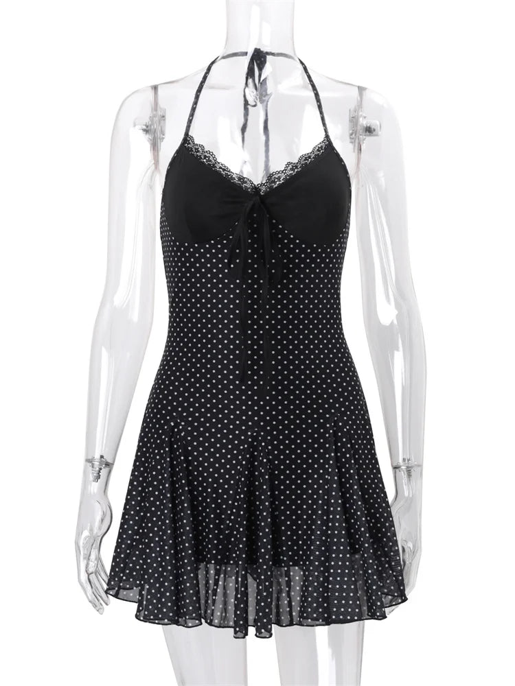 Black Lace See-Through Mini Lace-Up Contrast High Waist Backless Slim Dress