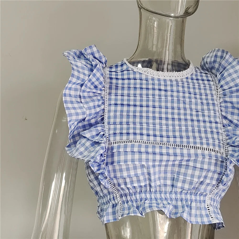 Cotton Plaid Ruffled Top And Shorts Set For Women