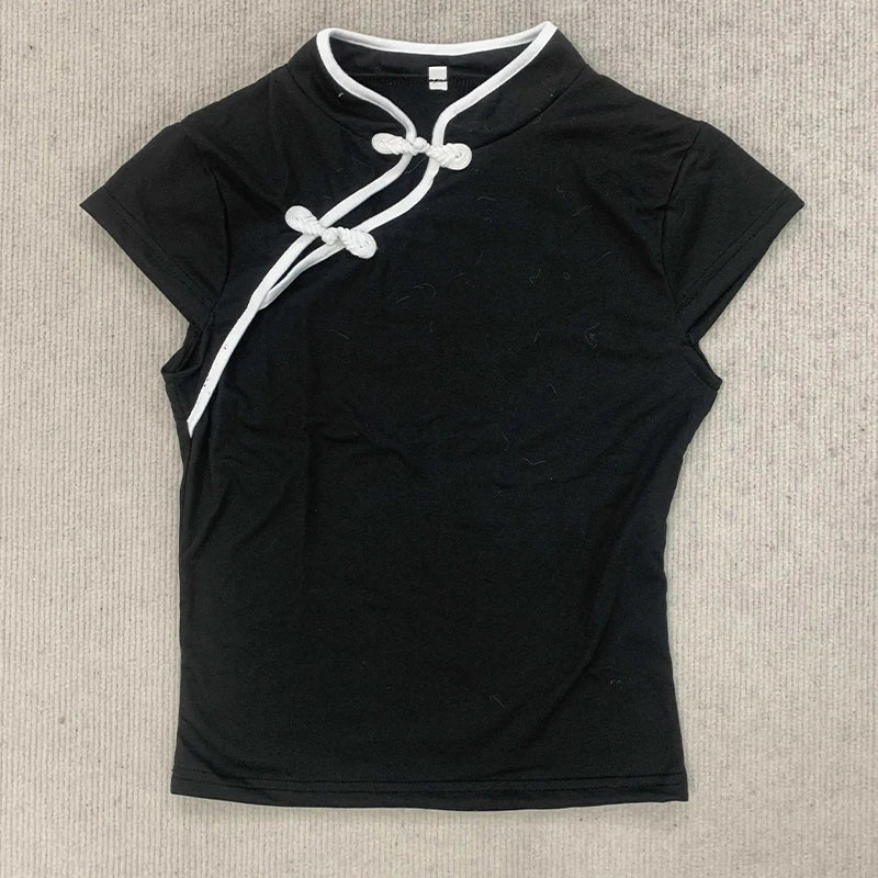 Ladies Blouse With Mandarin Collar Short Sleeve Crop Top Keyhole Frog Button Vintage Asymmetrical Design