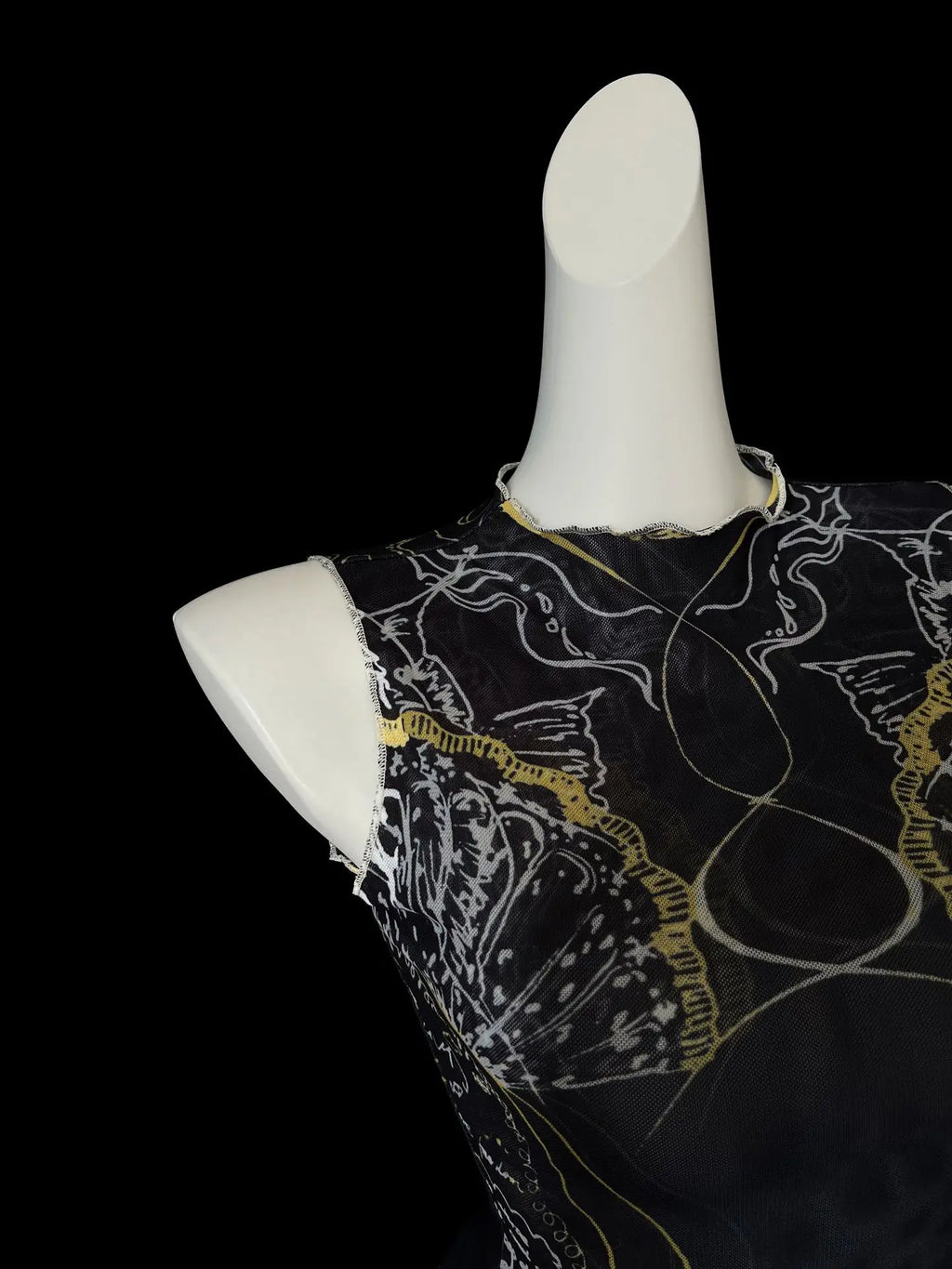 Chic Double Layer Mesh Tee With Elegant Print And High Collar Short Sleeve Women Net Shirt