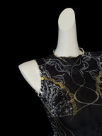 Chic Double Layer Mesh Tee With Elegant Print And High Collar Short Sleeve Women Net Shirt
