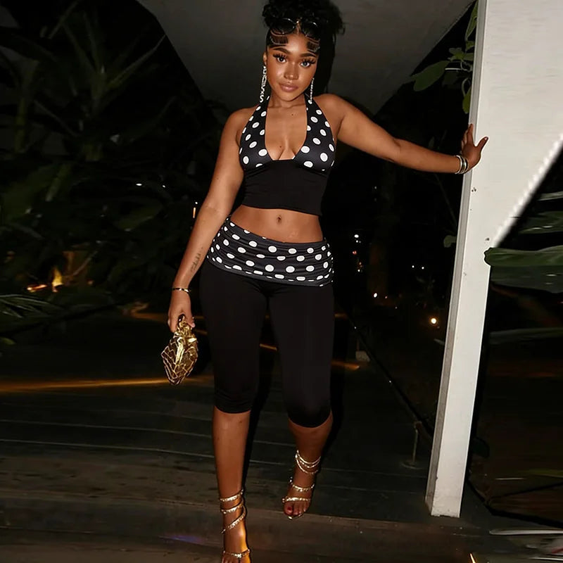 Patchwork Polka Dot Print Two Piece Set With Backless Halter Crop Top And Pleated Waist Capri Pants