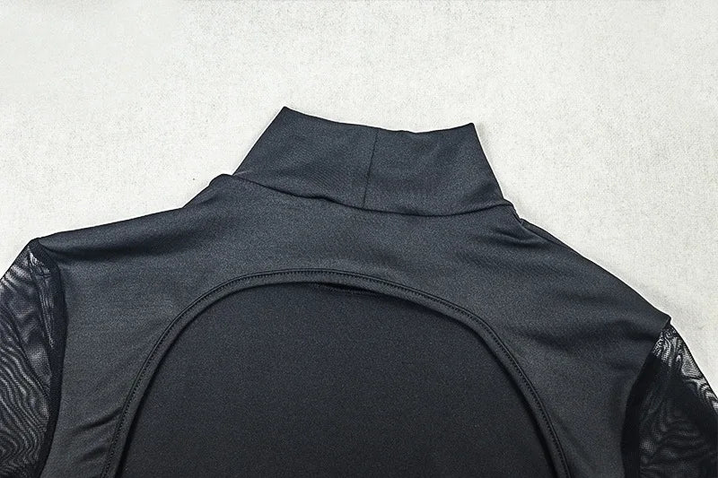 Backless Maxi Dress With Turtleneck Mesh Patchwork