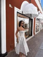 Spaghetti Strap Striped Floral Midi Dress For Women Elegant A Line