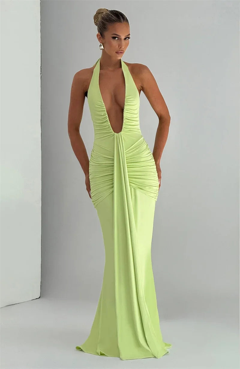 Deep V-Neck Backless Ruched Maxi Dress Halter Gown