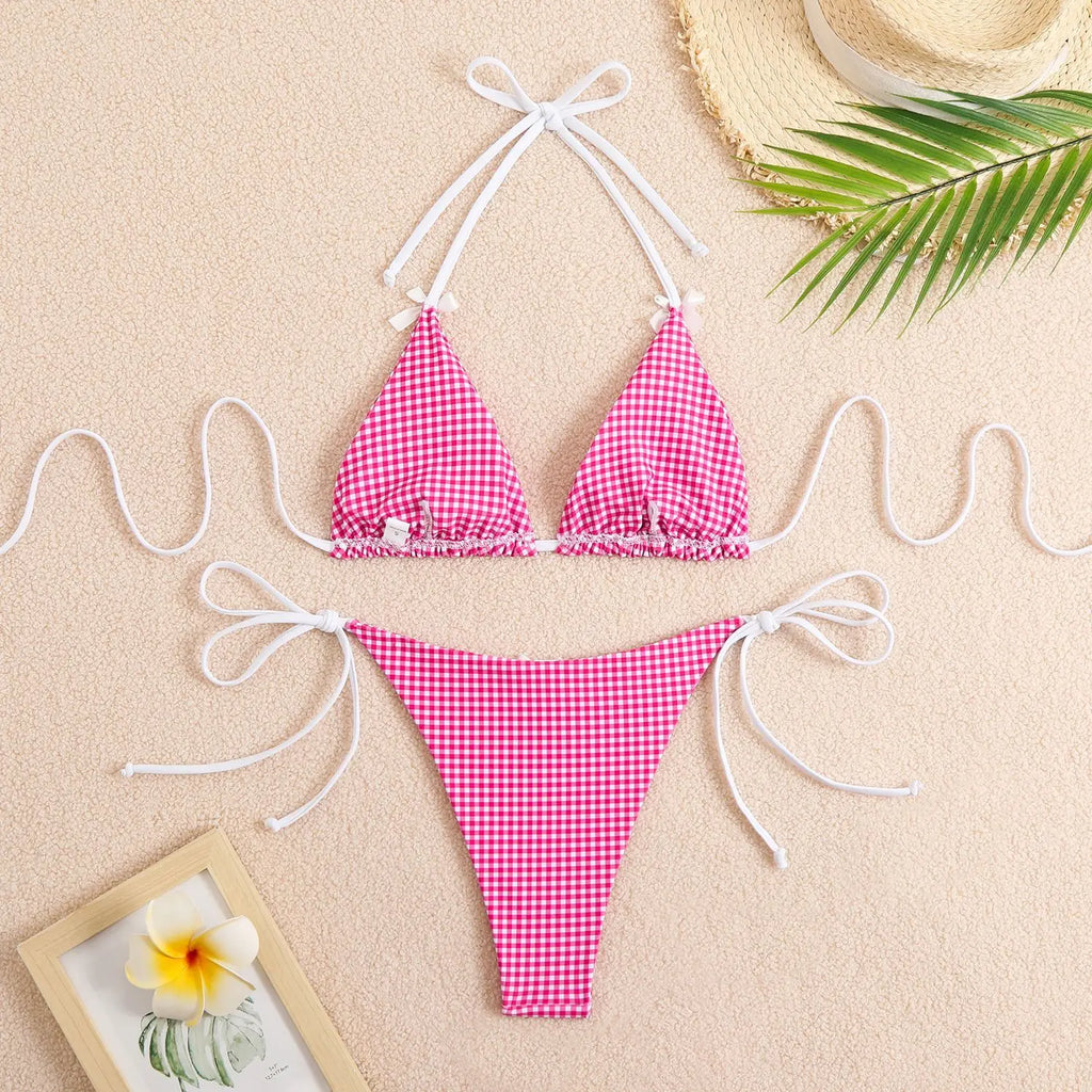 Plaid Dot Swimsuit With Neck Bow Tie Vintage Beachwear