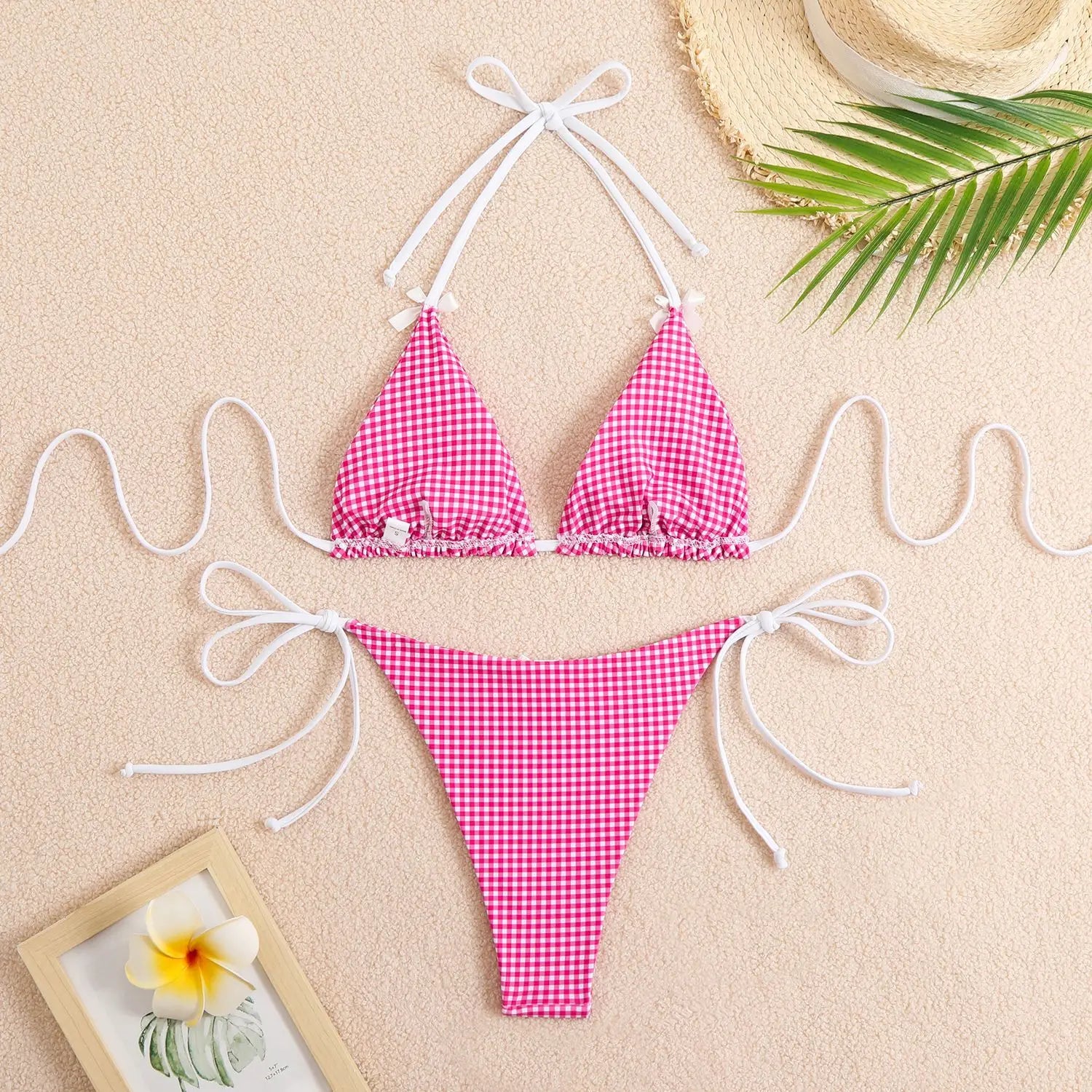 Plaid Dot Swimsuit With Neck Bow Tie Vintage Beachwear