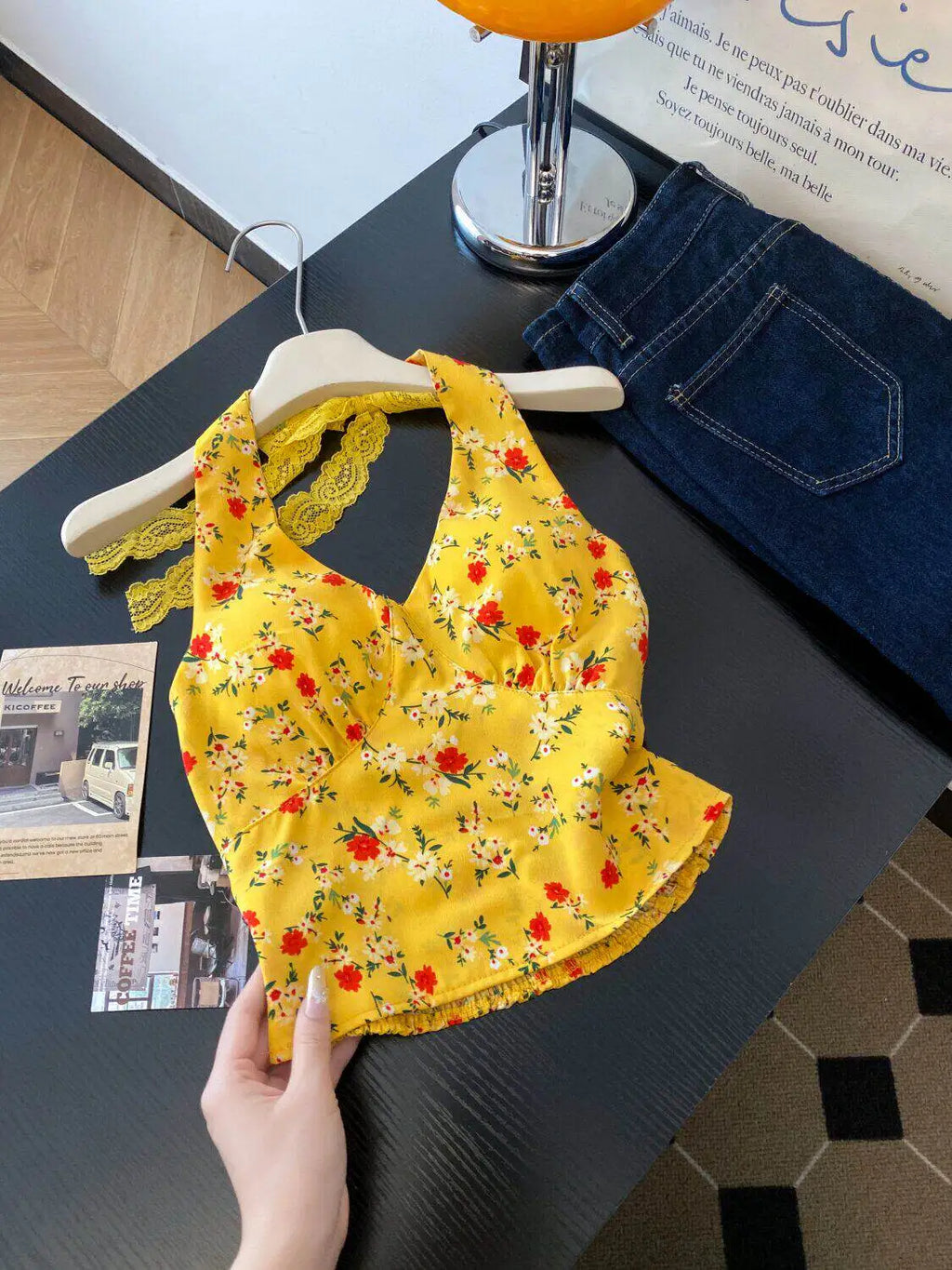 Retro Floral V Neck Halter Top