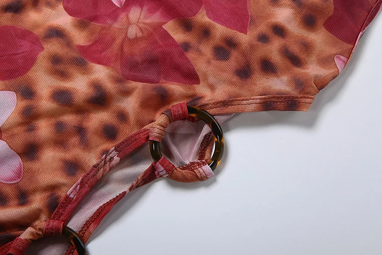 Leopard Print Mesh Patchwork Dress With Ring Details