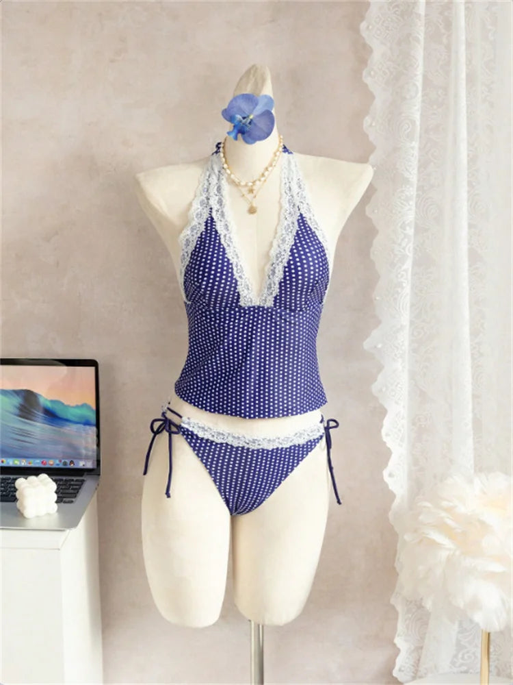 Blue Polka Dot Bikini Set With Lace Trim V Neck Tank Top And Tie Side Thong Bottom For Summer Beach Days