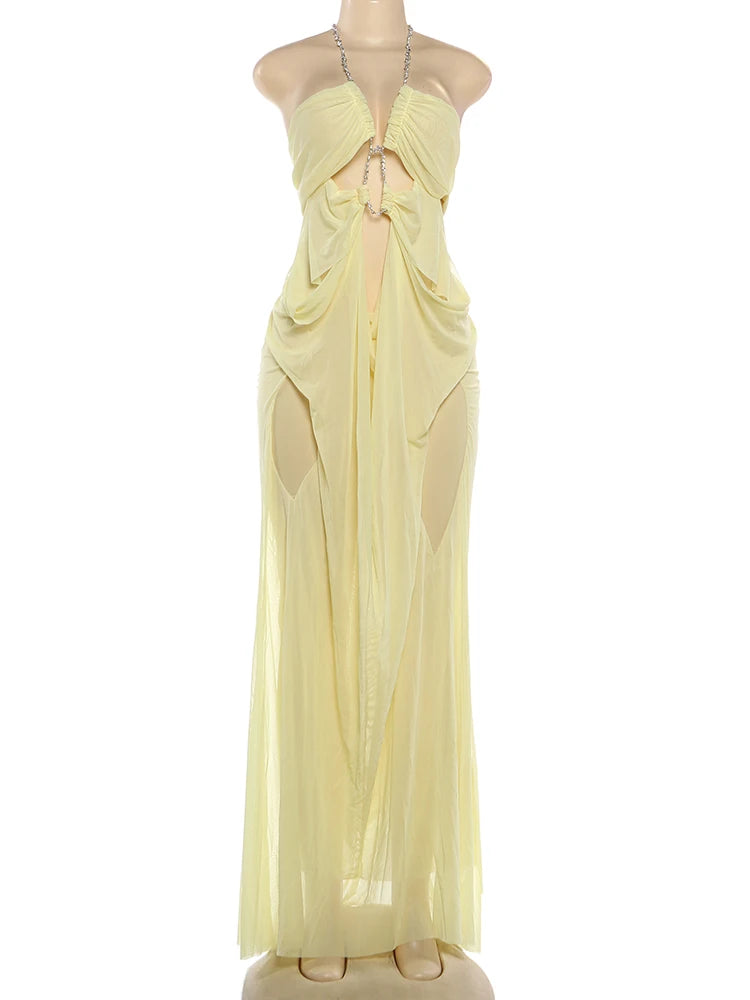 Sheer Halter Gown With Chain Detailing Backless Sleeveless